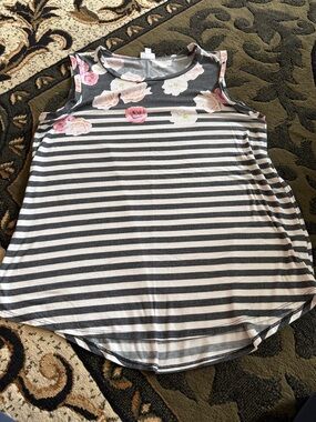 LuLaRoe Gray & White Striped Tank with Pink Floral Yoke